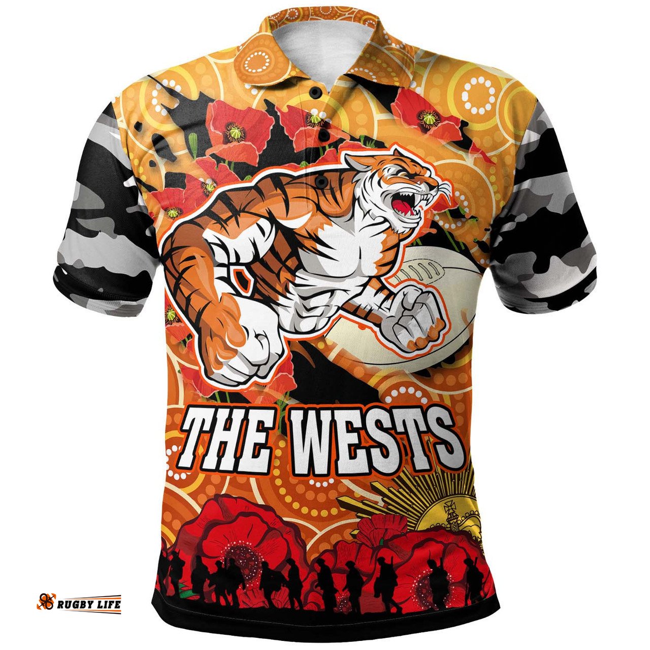 Wests Tigers Anzac Polo Shirt - Custom Anzac Aboriginal Inspired with Poppy Flower Polo Shirt
