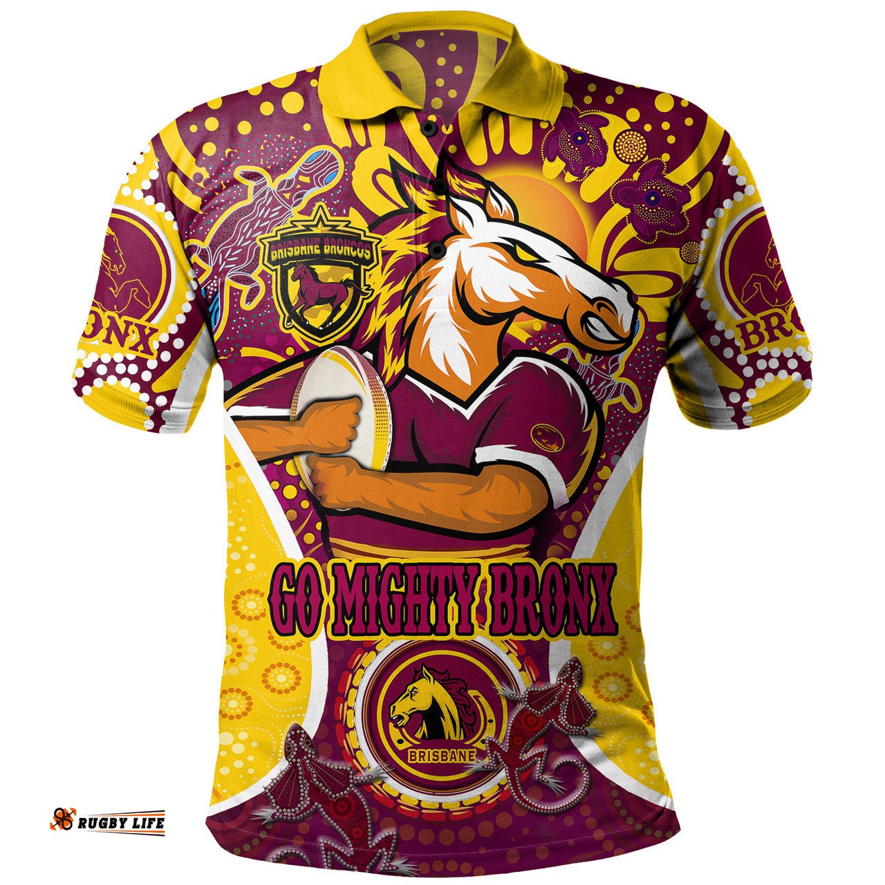 Brisbane Broncos Custom Polo Shirt - Go Mighty Broncos Indigenous Art Personalised Player Name And Number Polo Shirt