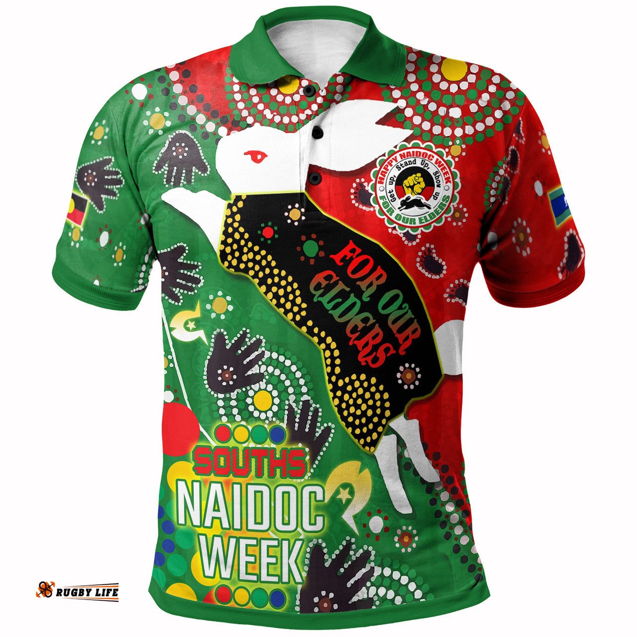 South Sydney Rabbitohs Polo Shirt - Custom Souths Naidoc For Our Elders Watercolour Dot Painting