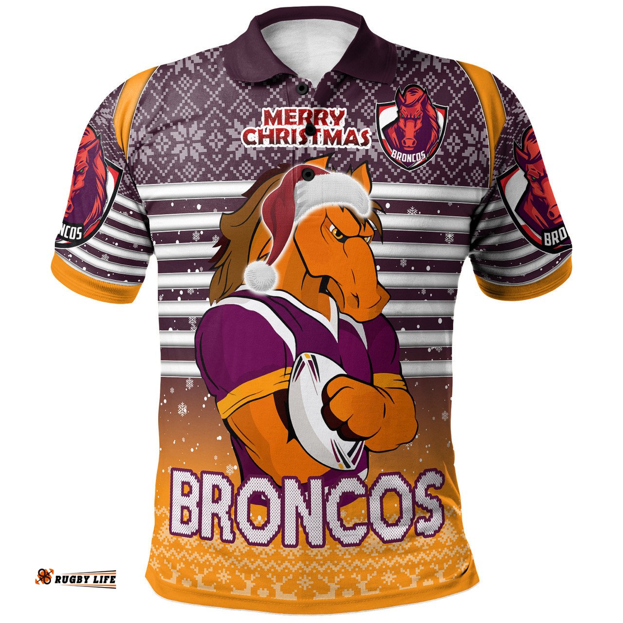 Brisbane Broncos Christmas Custom Polo Shirt - Brisbane Broncos Penrith Panthers Merry Christmas With Snowflake Pattern Polo Shirt