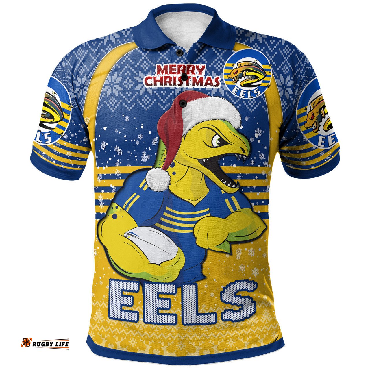 Parramatta Eels Christmas Polo Shirt - Custom Parramatta Eels Merry Christmas With Snowflake Pattern Polo Shirt