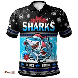 Cronulla-Sutherland Sharks Christmas Polo Shirt - Custom Cronulla-Sutherland Sharks Ugly Christmas And Aboriginal Inspired Patterns Polo Shirt