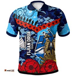 Fijian Drua Rugby Polo Shirt - Custom Anzac Day Fijian Drua Remembrance with Aboriginal Inspired Pattern Polo Shirt