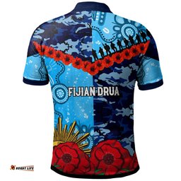 Fijian Drua Rugby Polo Shirt - Custom Anzac Day Fijian Drua Remembrance with Aboriginal Inspired Pattern Polo Shirt