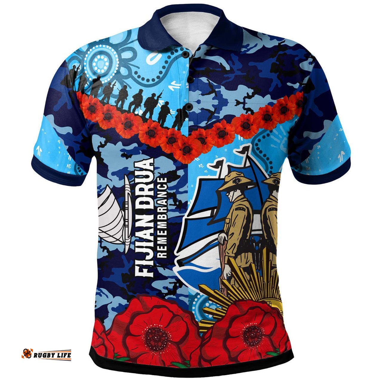 Fijian Drua Rugby Polo Shirt - Custom Anzac Day Fijian Drua Remembrance with Aboriginal Inspired Pattern Polo Shirt