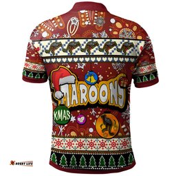 Maroons Rugby Christmas Polo Shirt - Custom Xmas Maroons Christmas Balls, Snowflake With Aboriginal Inspired Patterns Polo Shirt