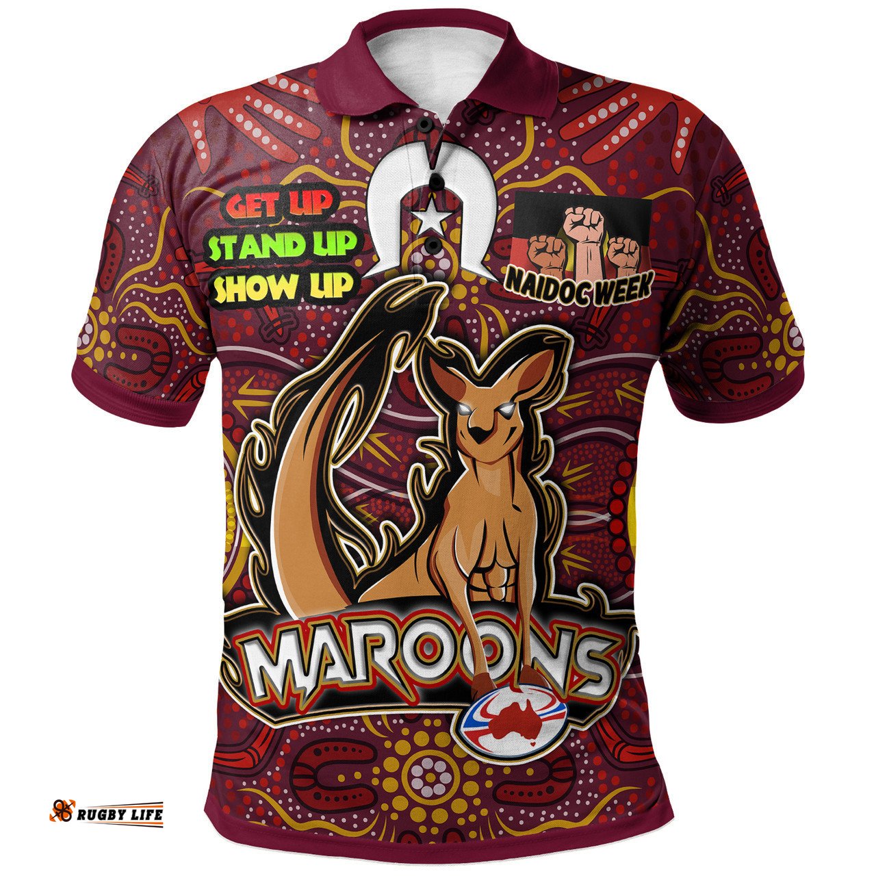Maroons Polo Shirt - Custom Naidoc Week ''Get up, Stand Up, Show Up''Maroons Kangaroo With Aboriginal Inspired Culture Polo Shirt