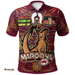 Maroons Polo Shirt - Custom Naidoc Week ''Get up, Stand Up, Show Up''Maroons Kangaroo With Aboriginal Inspired Culture Polo Shirt