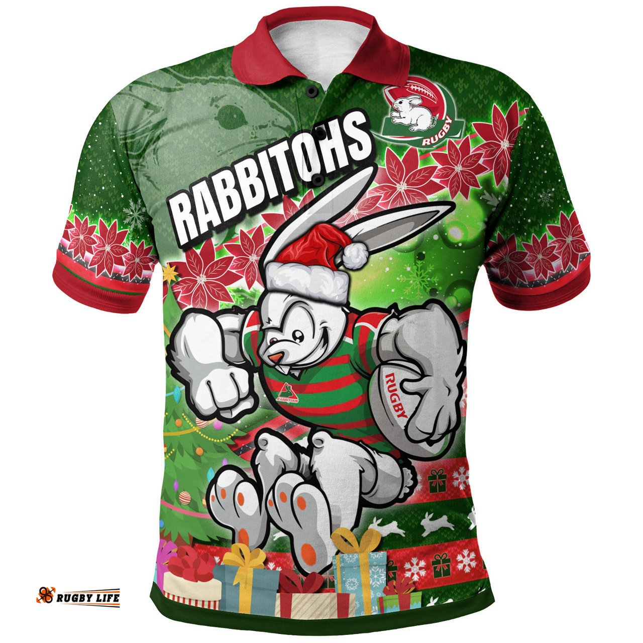 South Sydney Rabbitohs Polo Shirt - Custom Christmas Tree Rabbit Ball Polo Shirt