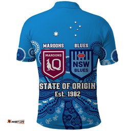 QLD Maroons and NSW Blues Rugby Polo Shirt State of Origin 2023 Indigenous Blue