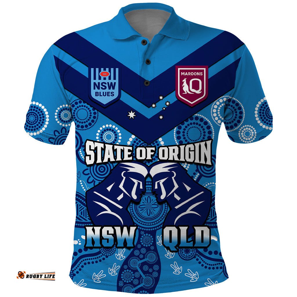 QLD Maroons and NSW Blues Rugby Polo Shirt State of Origin 2023 Indigenous Blue