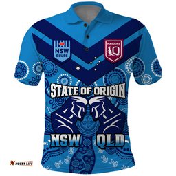 QLD Maroons and NSW Blues Rugby Polo Shirt State of Origin 2023 Indigenous Blue