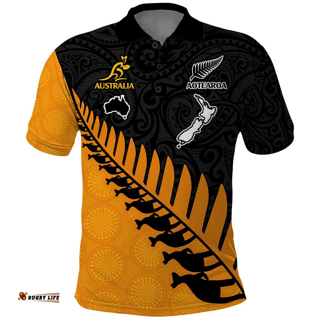 Australia Wallabies and Aotearoa Rugby Polo Shirt Kangaroo Black Fern Maori Gold Vibe