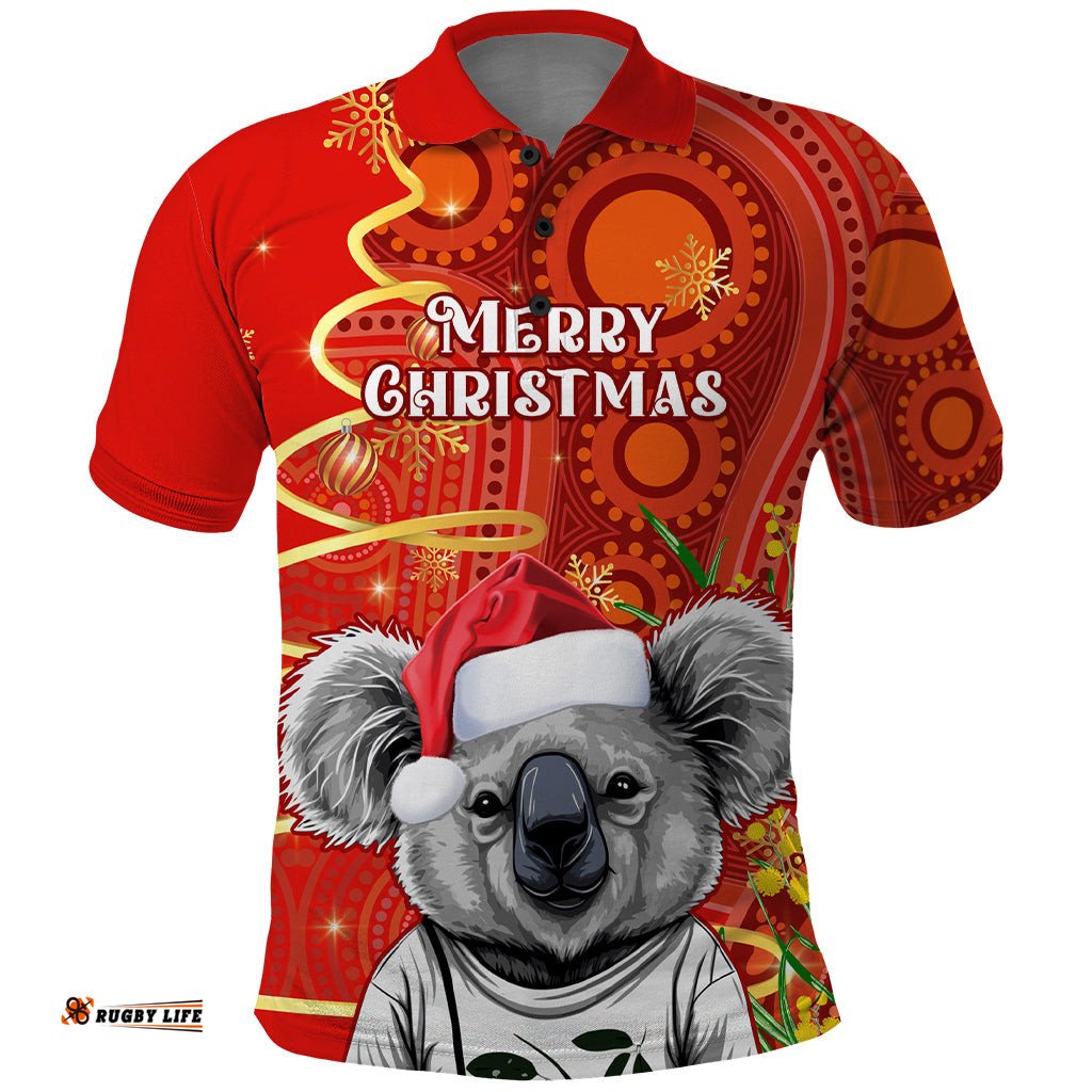 Personalised Australia Koala Christmas Polo Shirt Aboriginal Art With Golden Wattle