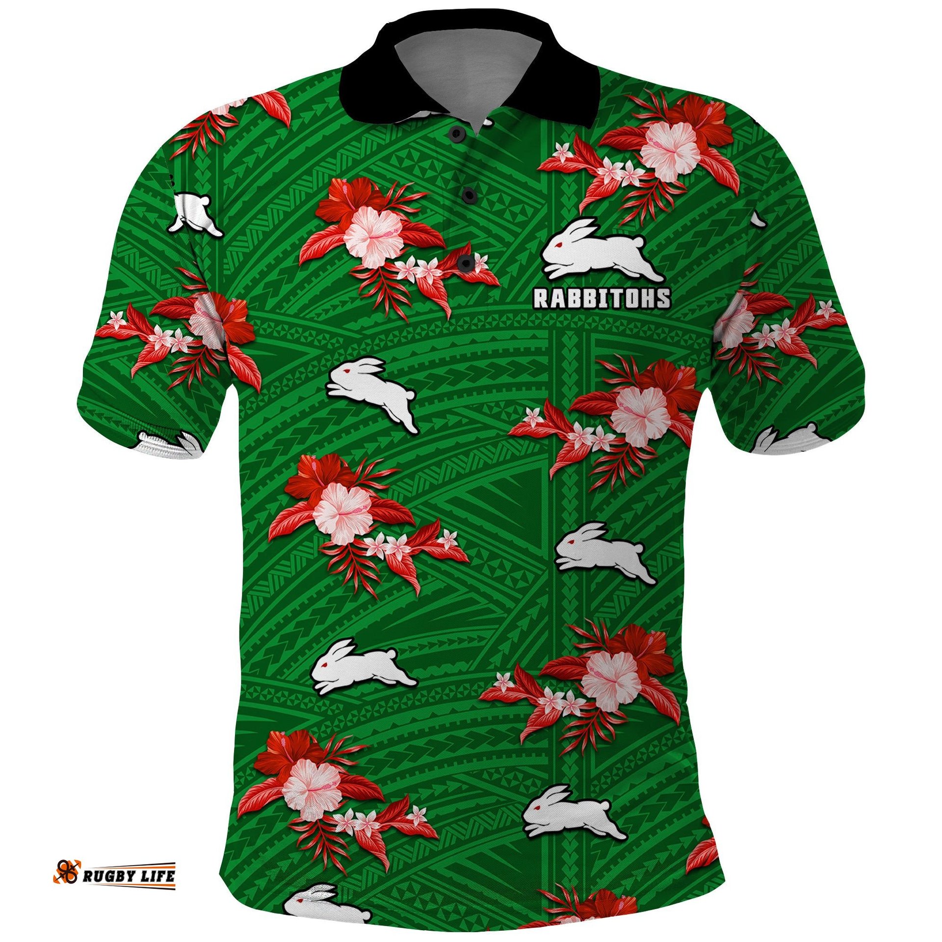 Custom Text And Number Rabbitohs Rugby Polo Shirt Polynesian Tribal Mix Tropical Hawaiian Style