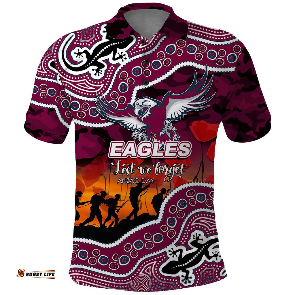 Custom Personalised Anzac Day NRL - Sea Eagles Polo Shirt Aboriginal Lizard Patterns