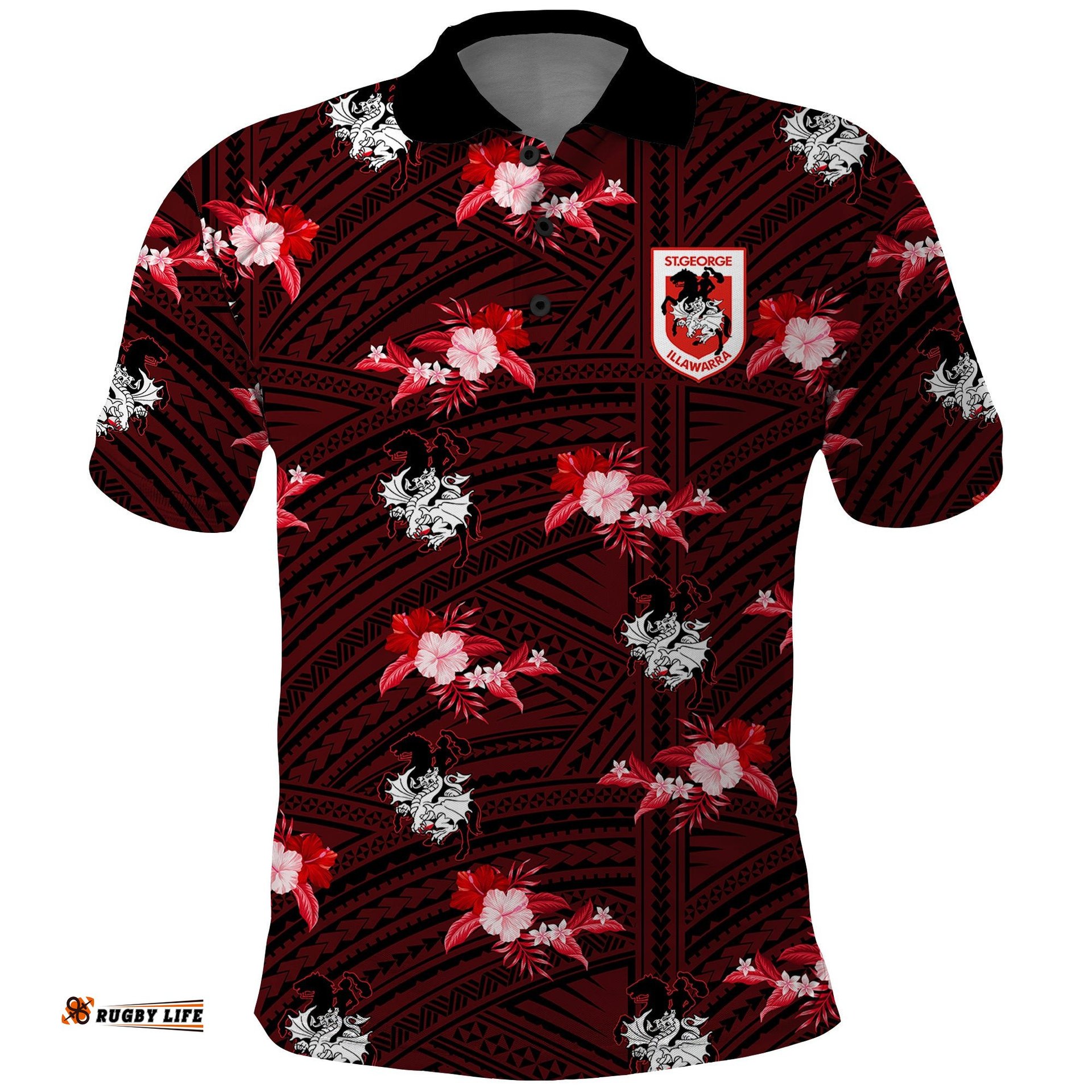 Custom Text And Number Dragons Rugby Polo Shirt Polynesian Tribal Mix Tropical Hawaiian Style