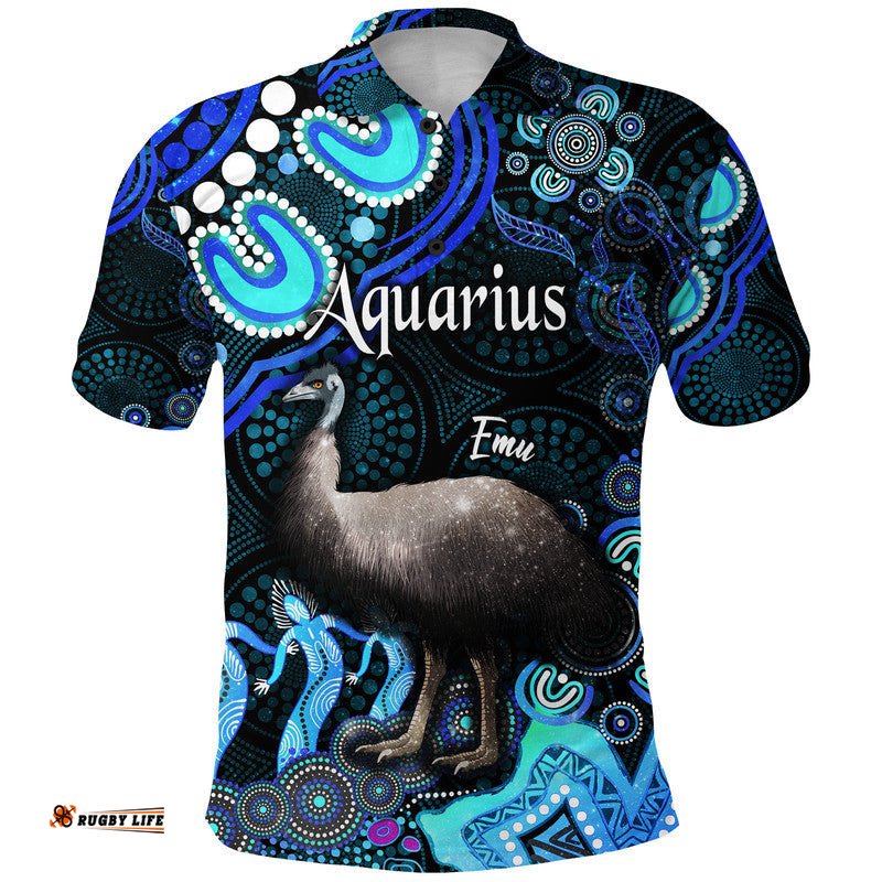 Custom Personalised Australian Astrology Polo Shirt Aquarius Emu Glider Zodiac Aboriginal Vibes - Blue Amazing Aussie