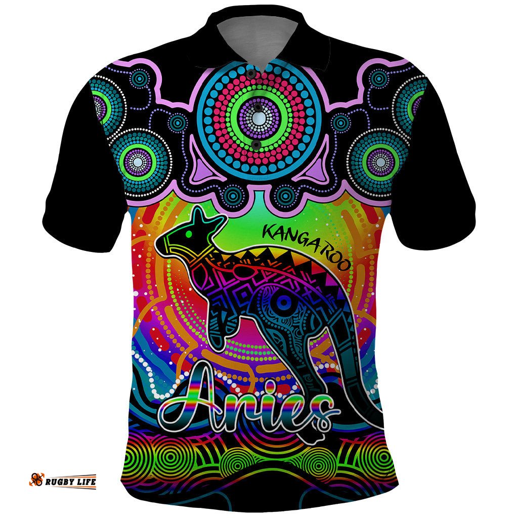 Personalised Australia Aries Kangaroo Zodiac Polo Shirt Auz Astrology Aboriginal - Rainbow