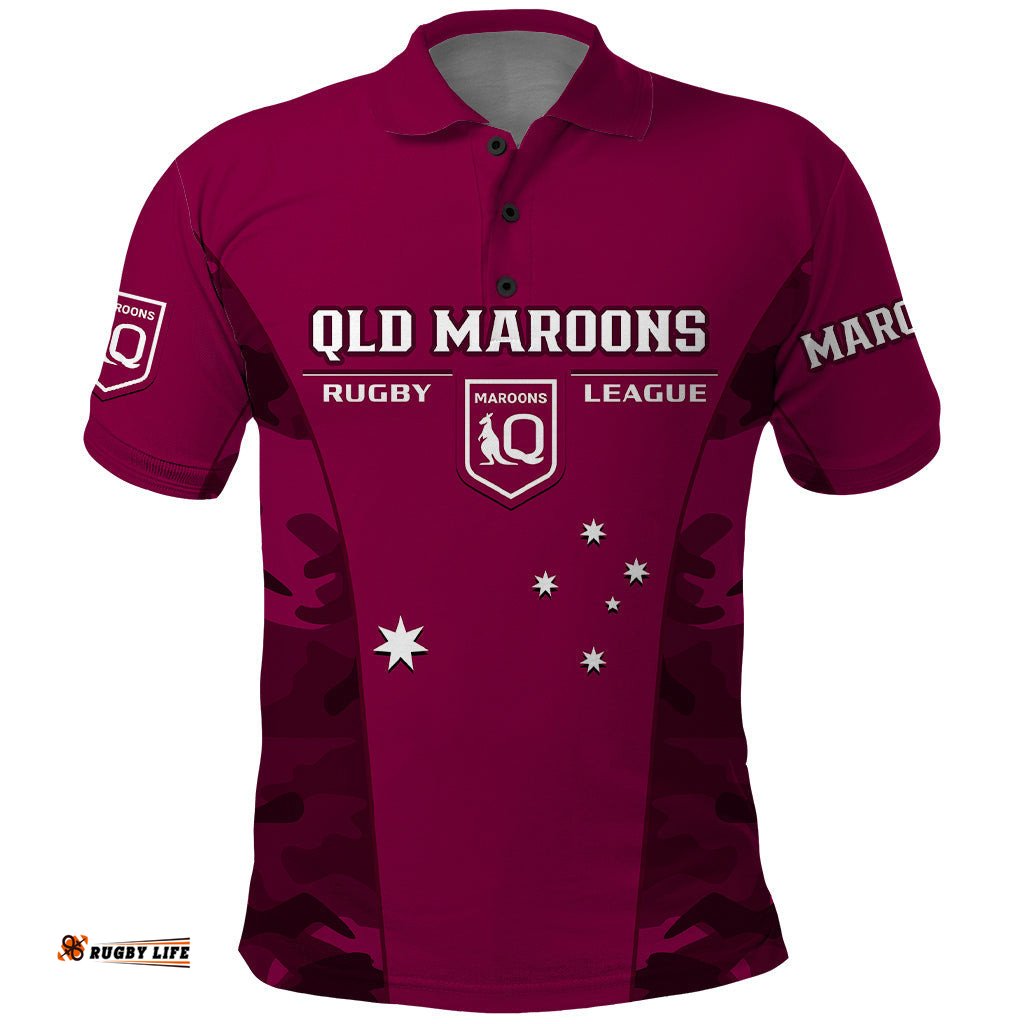Personalised QLD Rugby Polo Shirt Go Maroons Camouflage Sporty Style
