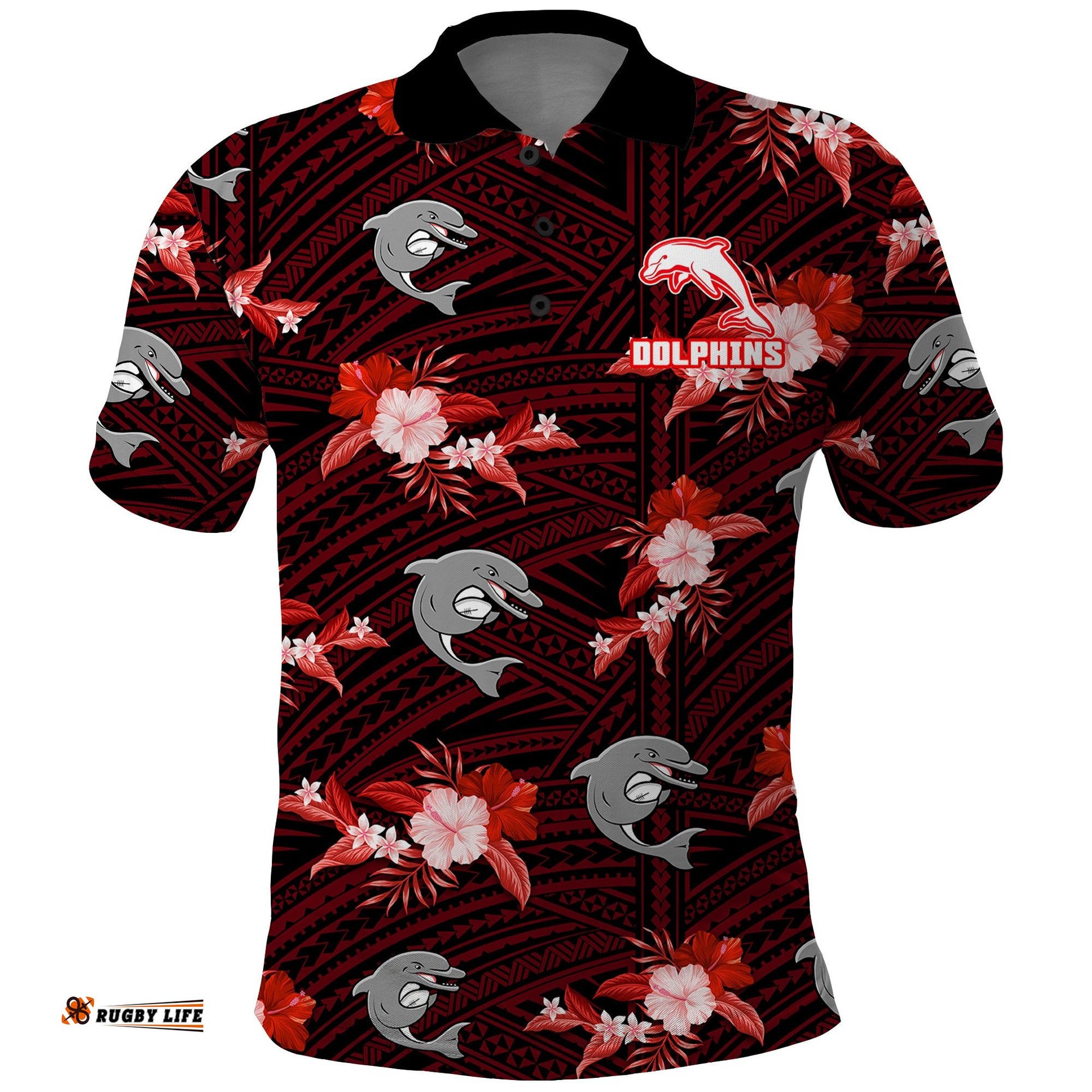 Custom Text And Number Dolphins Rugby Polo Shirt Polynesian Tribal Mix Tropical Hawaiian Style