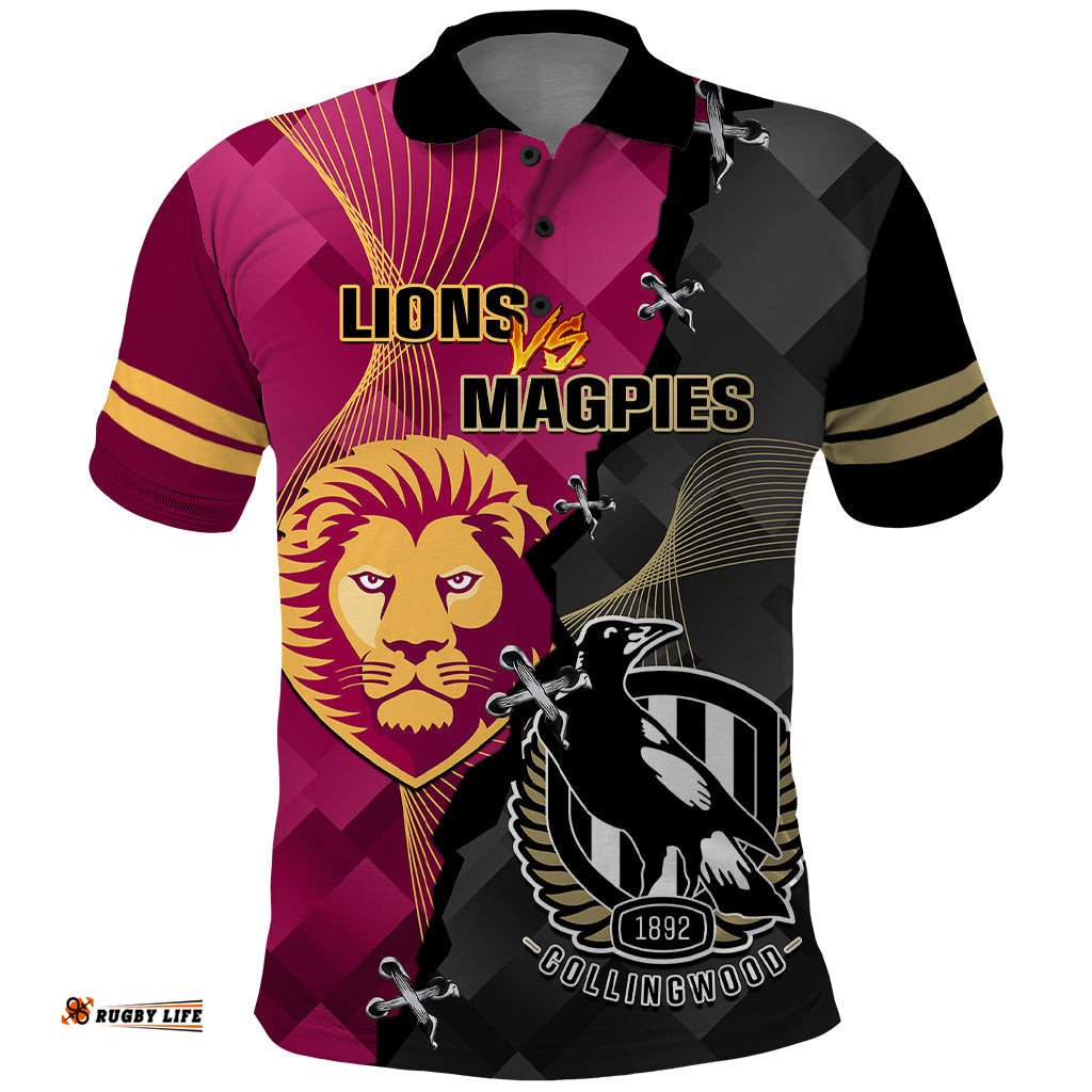 Collingwood And Lions Football Polo Shirt 2023 Grand Final Magpies Brisbane Together