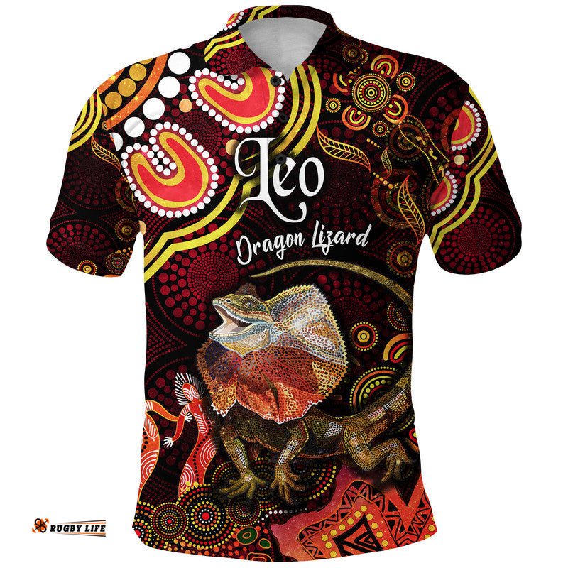 Custom Personalised Australian Astrology Polo Shirt Leo Dragon Lizard Zodiac Aboriginal Vibes - Red Amazing Aussie