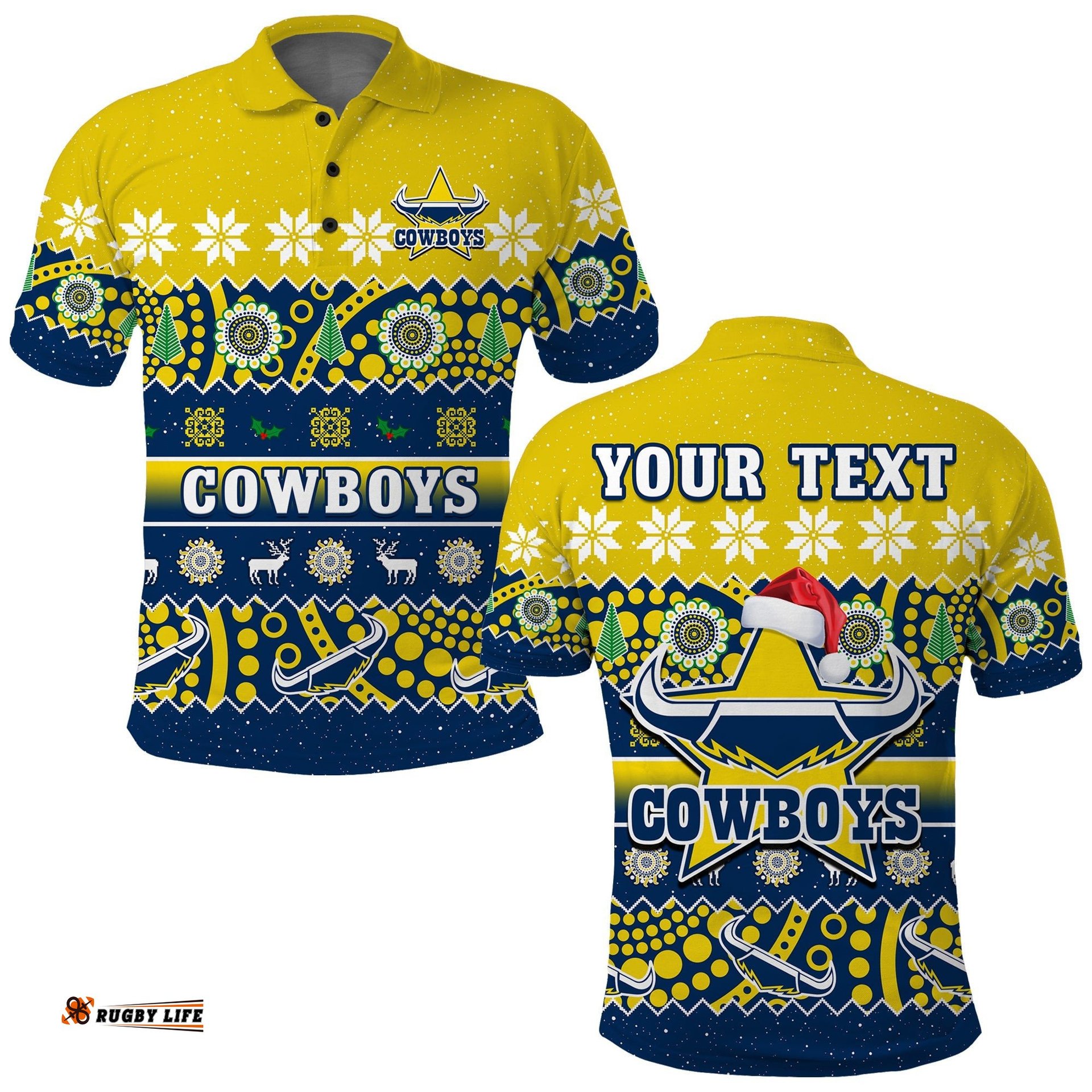 Custom Personalised Cowboys Christmas Polo Shirt Aboriginal Art Merry Xmas Amazing Aussie