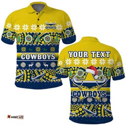 Custom Personalised Cowboys Christmas Polo Shirt Aboriginal Art Merry Xmas Amazing Aussie