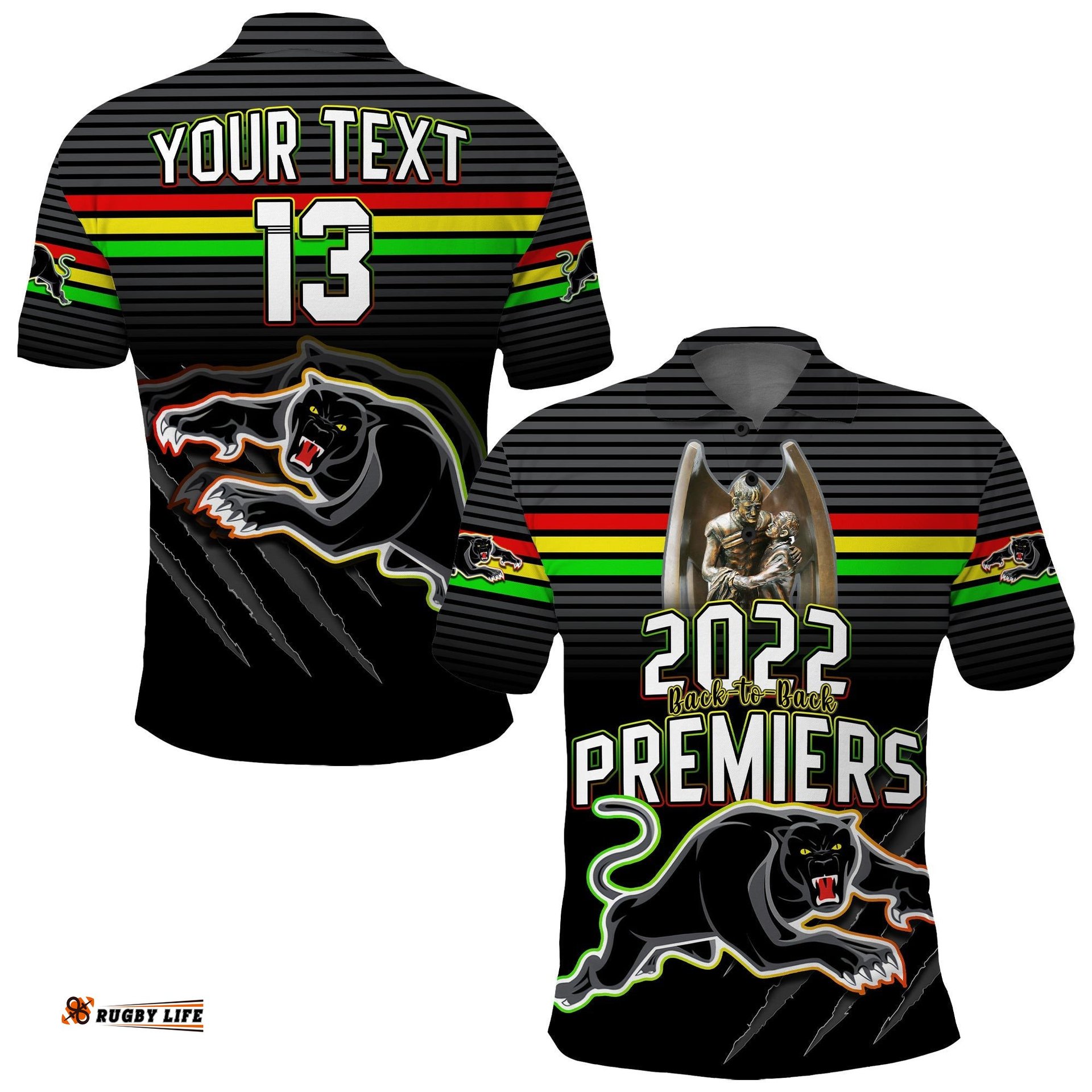Custom Text and Number Panthers Proud Polo Shirt Back to Back Premiers 2022 Version Black Amazing Aussie