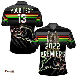 Custom Text and Number Panthers Proud Polo Shirt Back to Back Premiers 2022 Version Black Amazing Aussie