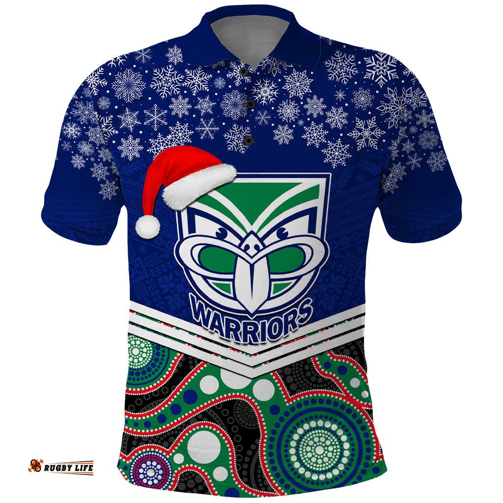 Custom Warriors Rugby Christmas Polo Shirt Merry Xmas 2023 Mix Aboriginal Art