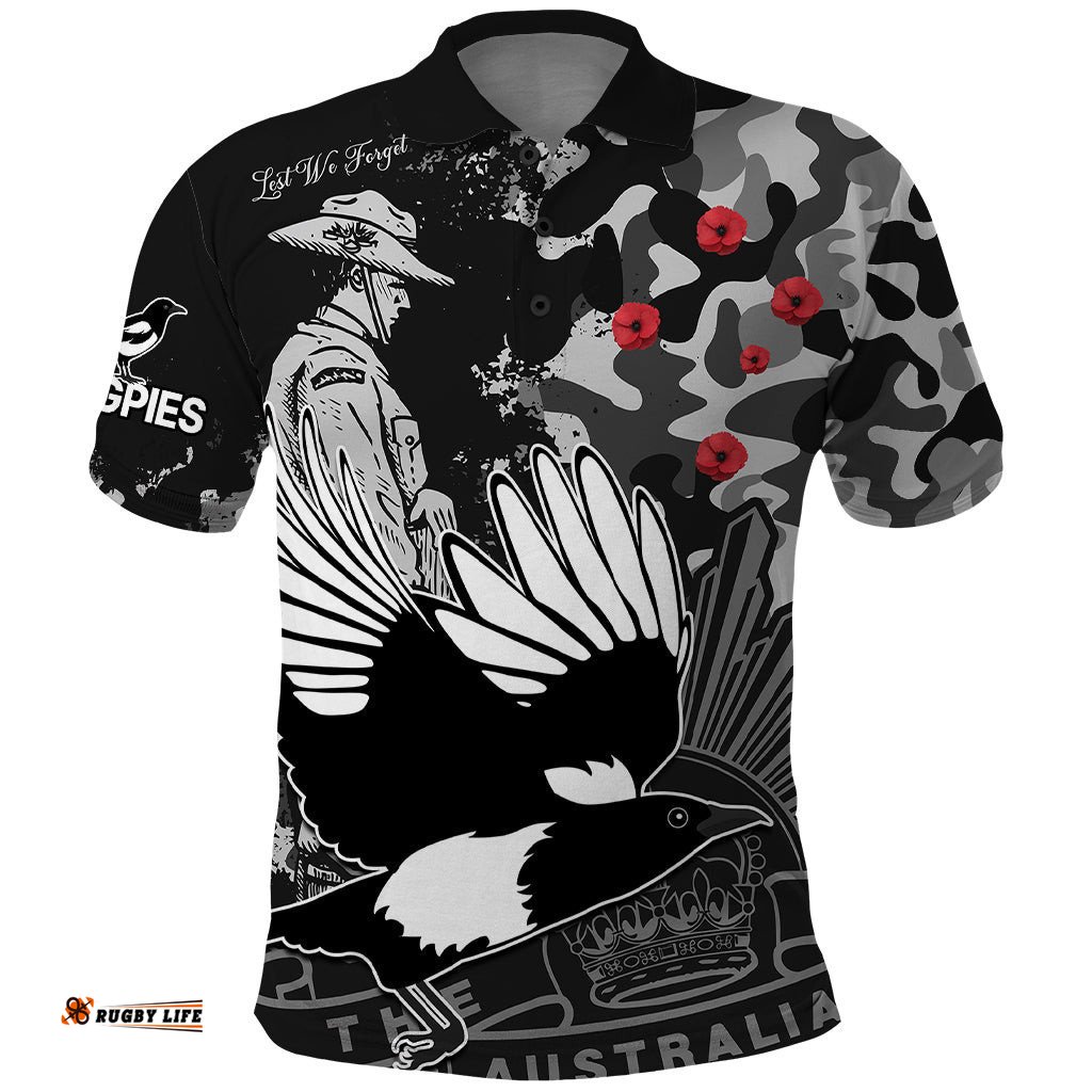 Custom Text And Number AFL ANZAC 2023 Magpies Polo Shirt Camouflage