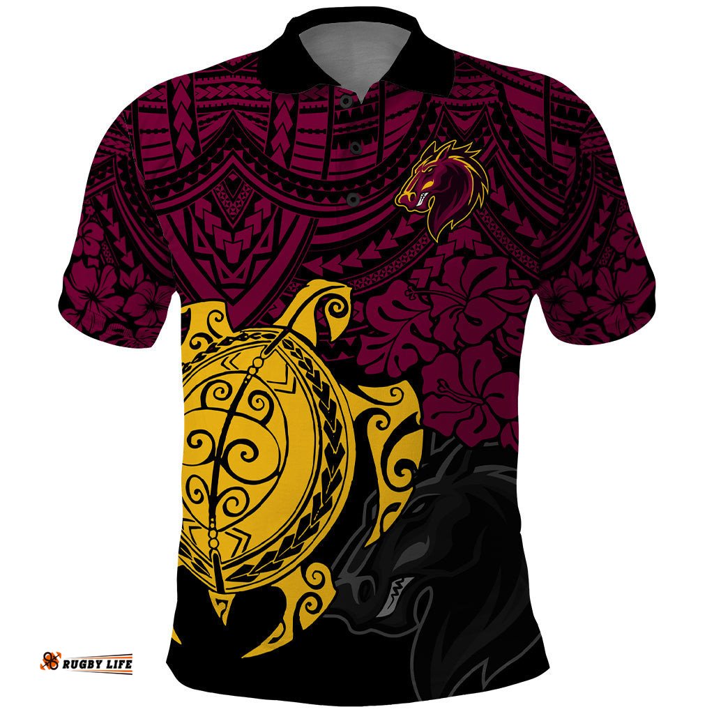 Custom Broncos Rugby Polo Shirt Brisbane Hibiscus and Turtle With Polynesian Pattern