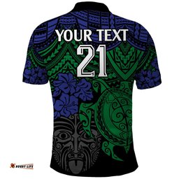 Custom New Zealand Warriors Rugby Polo Shirt Hibiscus and Turtle With Polynesian Pattern