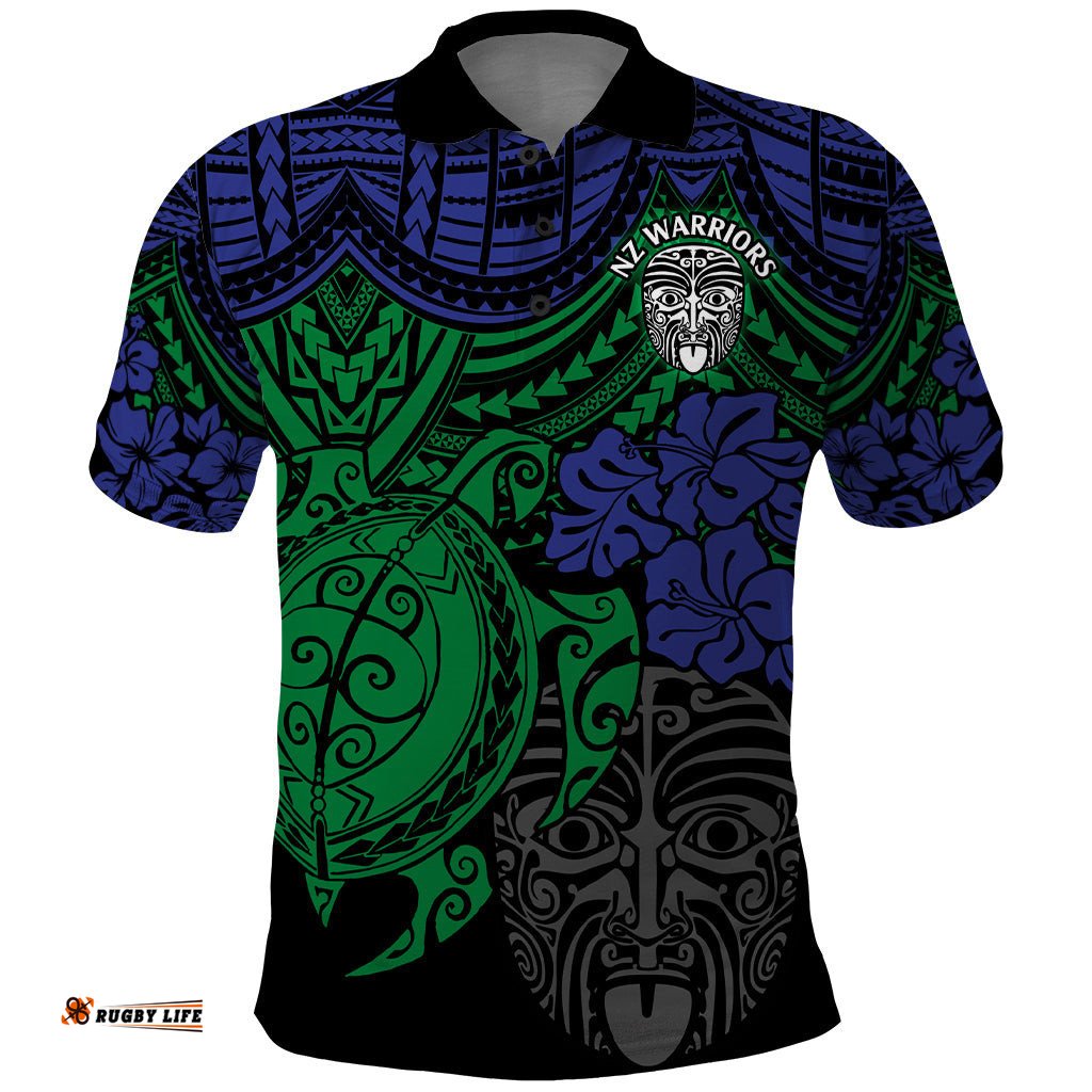 Custom New Zealand Warriors Rugby Polo Shirt Hibiscus and Turtle With Polynesian Pattern