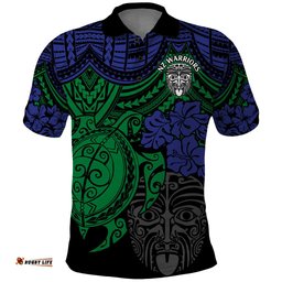 Custom New Zealand Warriors Rugby Polo Shirt Hibiscus and Turtle With Polynesian Pattern
