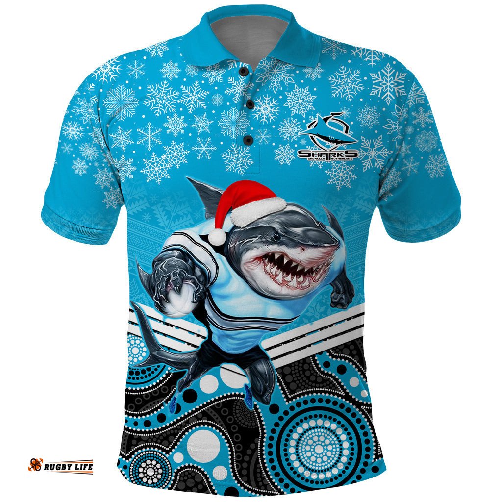 Custom Sharks Rugby Christmas Polo Shirt Merry Xmas 2023 Mix Aboriginal Art