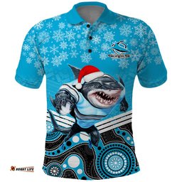 Custom Sharks Rugby Christmas Polo Shirt Merry Xmas 2023 Mix Aboriginal Art