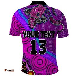 Custom Text and Number Australia Lizard and Sun Polo Shirt Aboriginal Art Purple Amazing Aussie