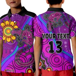 Custom Text and Number Australia Lizard and Sun Polo Shirt Aboriginal Art Purple Amazing Aussie