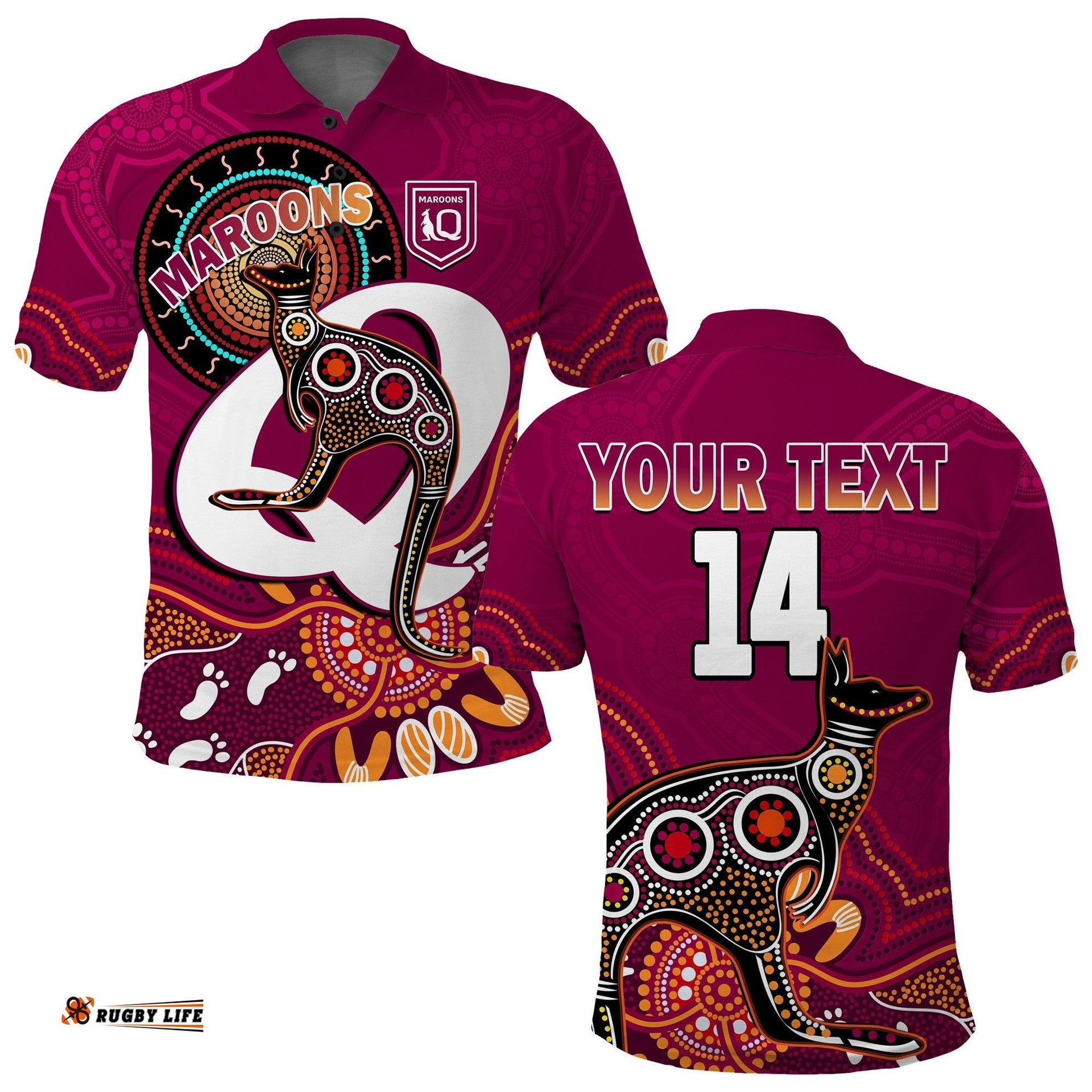 Custom Text And Number Maroons Rugby Polo Shirt Queensland Kangaroo Aboriginal Dot Paintings Amazing Aussie