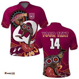 Custom Text And Number Maroons Rugby Polo Shirt Queensland Kangaroo Aboriginal Dot Paintings Amazing Aussie