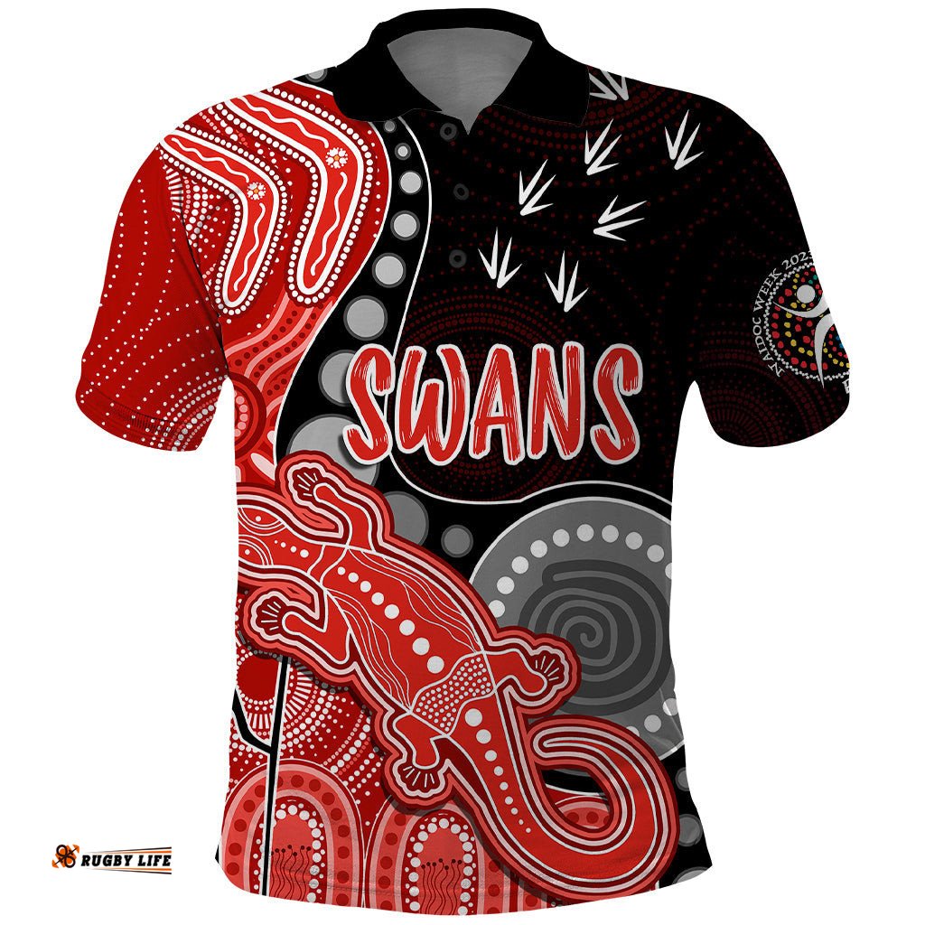 Personalised NAIDOC Week 2023 AFL Swans Polo Shirt Aboriginal Dot Art Lizard Mix Boomerang