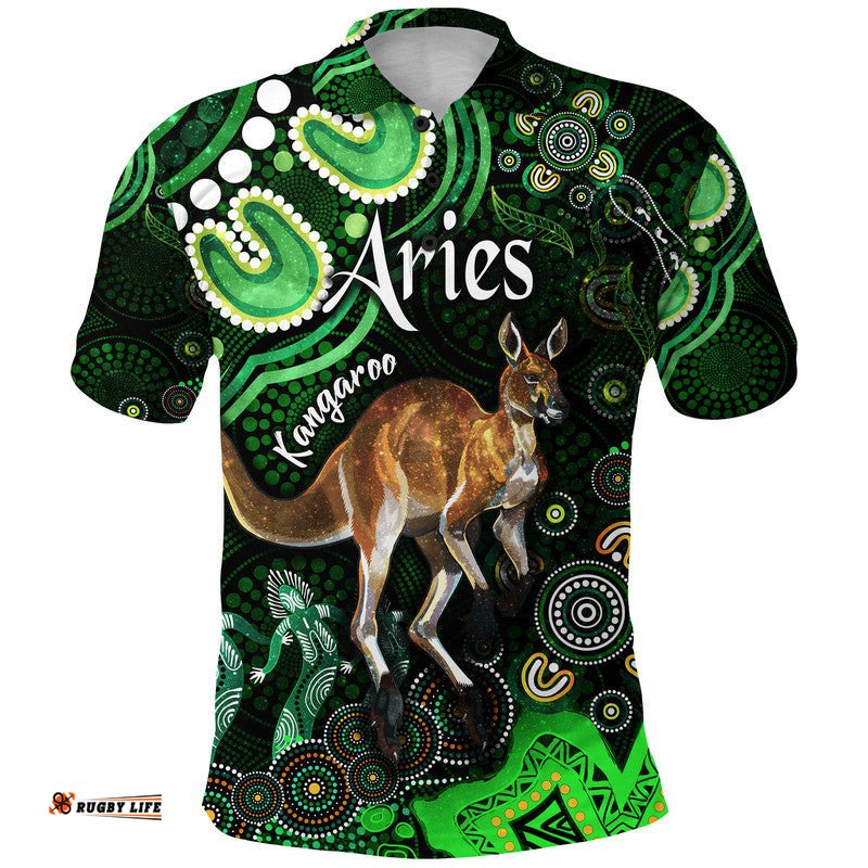 Custom Personalised Australian Astrology Polo Shirt Aries Kangaroo Zodiac Aboriginal Vibes - Green Amazing Aussie