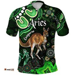 Custom Personalised Australian Astrology Polo Shirt Aries Kangaroo Zodiac Aboriginal Vibes - Green Amazing Aussie
