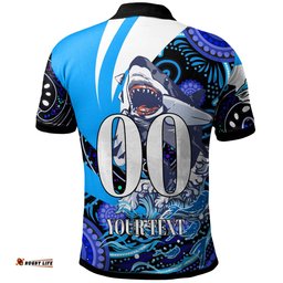 Sharks Rugby Polo Shirt - Custom Angry Sharks Rugby Team with Aboriginal Dot Painting Player And Number Polo Shirt Amazing Aussie