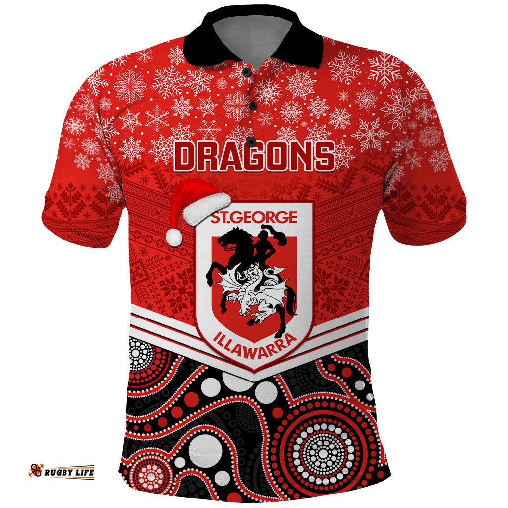 Custom Dragons Rugby Christmas Polo Shirt Merry Xmas 2023 Mix Aboriginal Art