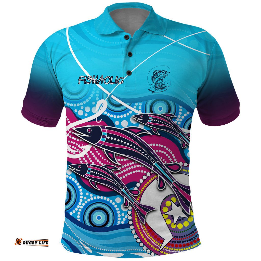 Australia Fishing Polo Shirt Fishaholic With The Dhari Symbol And Aboriginal Pattern