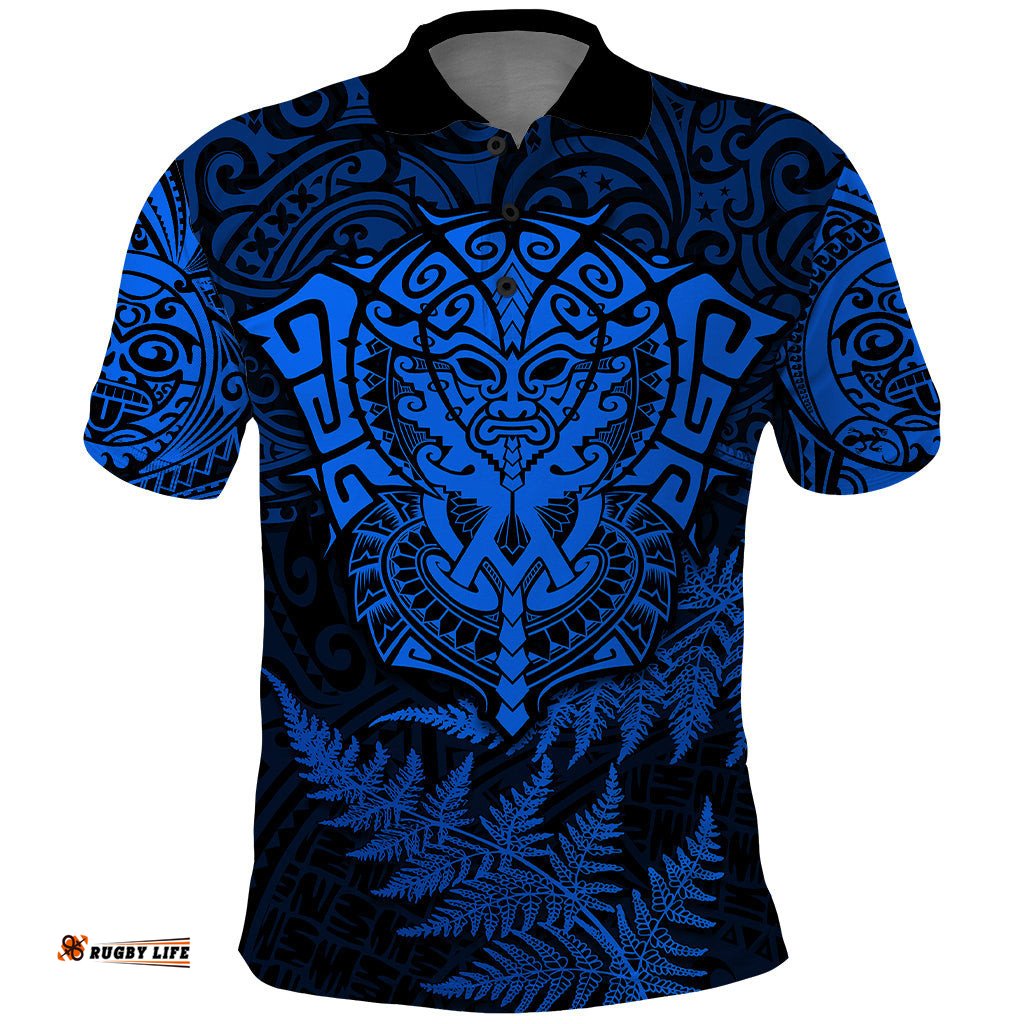 New Zealand Rugby Polo Shirt Silver Fern All Black Mix Ta Moko Blue Style